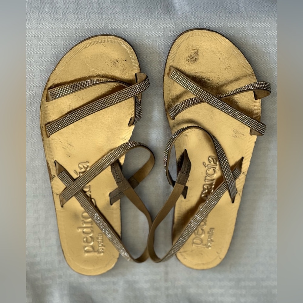 Pedro Garcia Metallic Gold Sandals with Swarovski crystals on straps